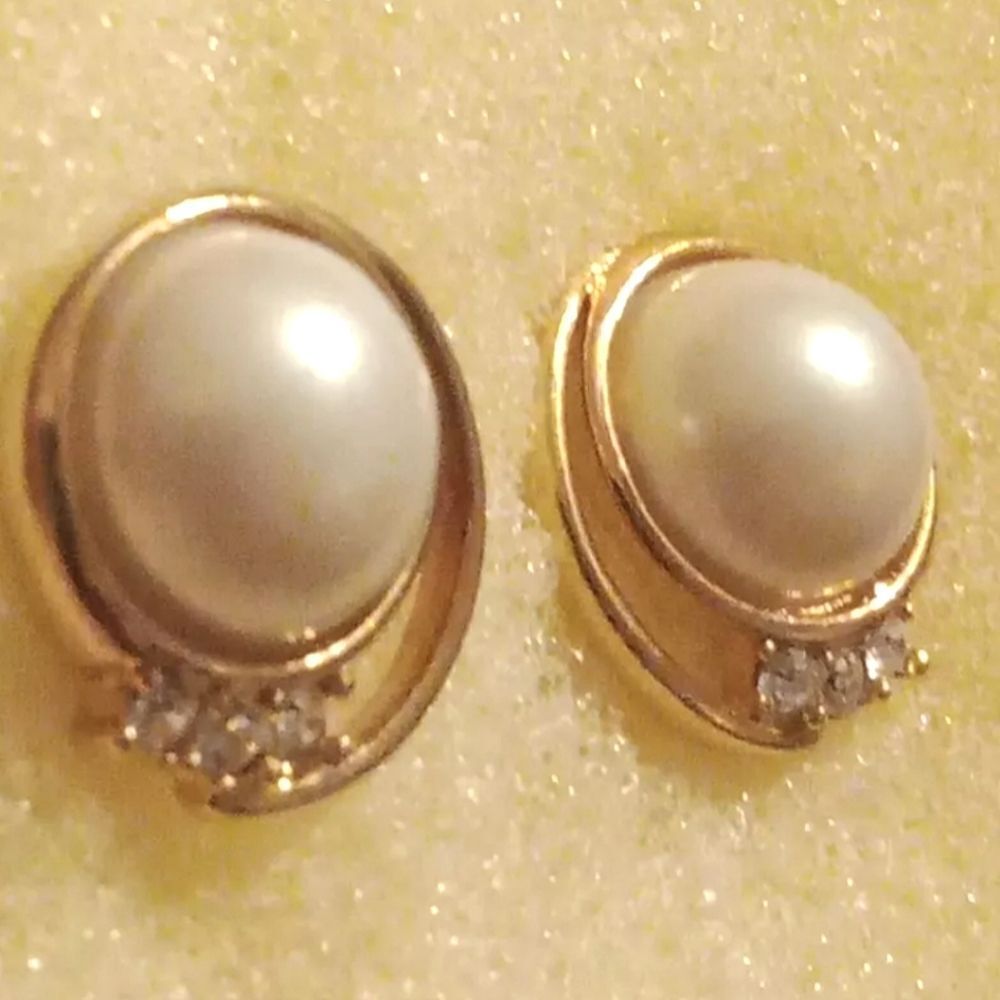 Monet Gold Tone Clip On Earrings With Faux Pearl And Rhinestones.